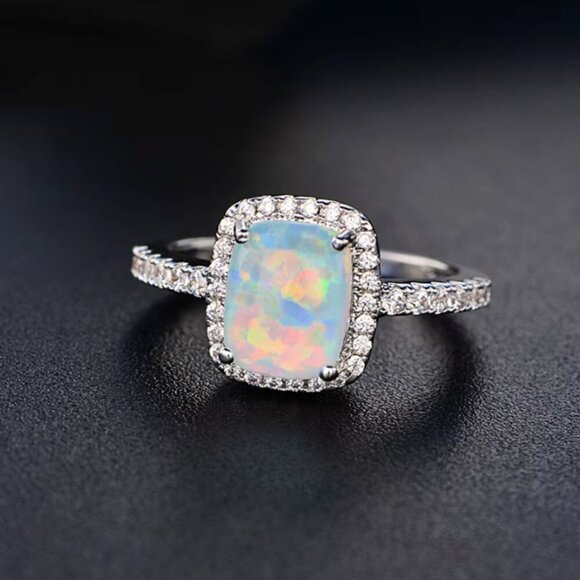 NEW 18k White Gold Diamond Opal Ring Cushion Cut Size 5 - Picture 1 of 2